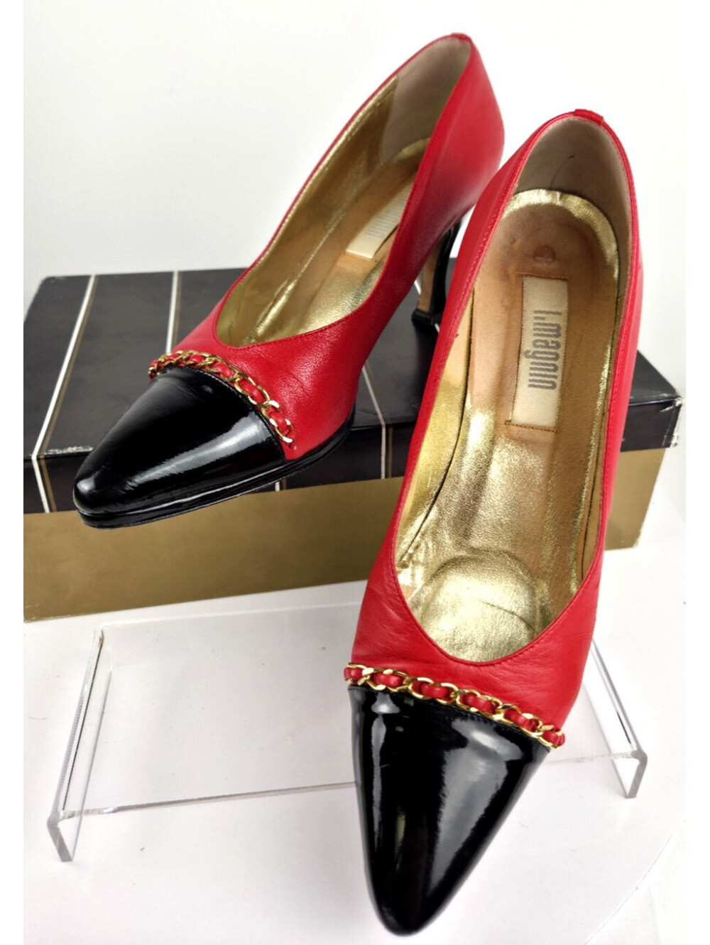 Vintage I Magnin Italy Red Black Cap Toe Heels Chain Pumps Sz 7N